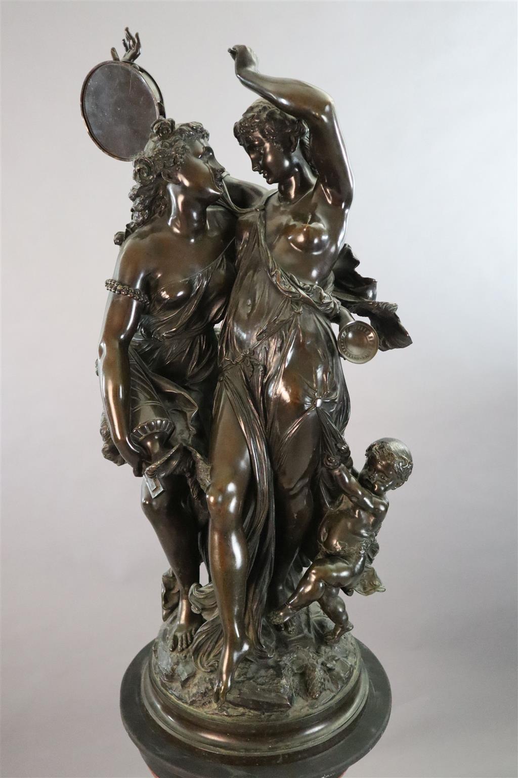 After Claude Michel Clodion (French 1738-1814). A bronze group of two Bacchantes and a putto, total height 6ft 2.5in.